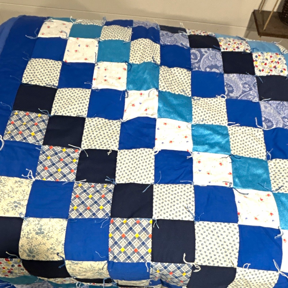 Handmade Blue & White Patchwork Quilted Quilt, 66x88, Twin